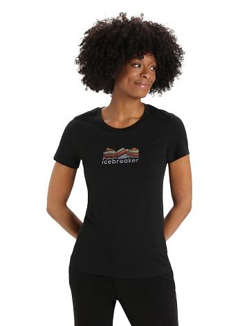 Black Women's Icebreaker Merino Tech Lite II Short Sleeve Mountain Geology T Shirts | USA 1610KORI